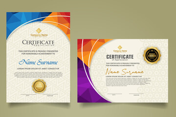 Wall Mural - Set modern certificate template with triangle geometric polygon on circular lines ornate background