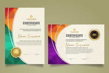 Wall Mural - Set modern certificate template with triangle geometric polygon on circular lines ornate background