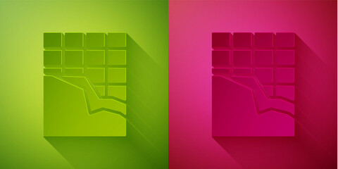 Poster - Paper cut Chocolate bar icon isolated on green and pink background. Paper art style. Vector Illustration.