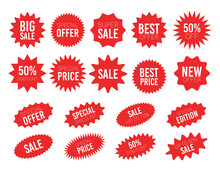 Red Sale Starburst Sticker Set - Collcetion Of Stared Round And Oval Labels And Badges With Best Offer And Discount Sign