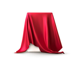 realistic box covered with red silk cloth. isolated on white background. satin fabric wave texture m