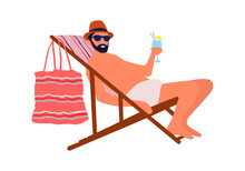 Young Man Sitting On Chair And Drinking Cocktail. Vector Isolated Illustration