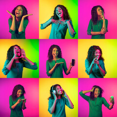 Wall Mural - Collage of portraits of young emotional woman on multicolored background in neon light. Concept of human emotions, facial expression, sales. Smiling, listen to music, happy. Copyspace for ad, proposal