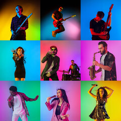 Wall Mural - Collage of portraits of 9 young emotional talented musicians on multicolored background in neon light. Concept of human emotions, facial expression, sales. Playing guitar, singing, dancing, jumping.