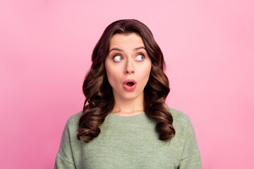 Sticker - Portrait of astonished lovely lady look see wonderful novelty copyspace stare stupor wear clothes isolated over pastel color background