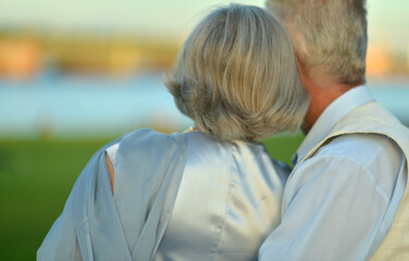 Wall Mural - Back view. Portrait of happy elderly couple resting