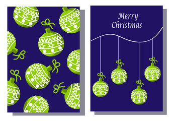 Template set of two cards Merry Christmas and Happy New Year. Christmas balls. Vector illustration on a blue background. For congratulations, packaging, invitations.