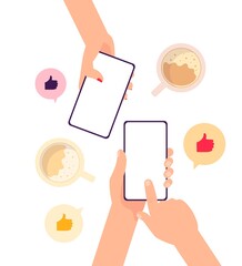 Wall Mural - Hands holding smartphones with empty screen, flat vector illustration isolated.