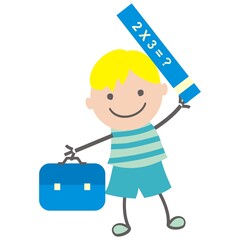 Wall Mural - Boy with school bag and math textbook, vector illustration