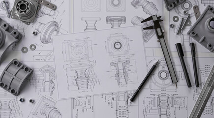 Wall Mural - Engineer technician designing drawings mechanical parts engineering Engine.manufacturing factory Industry Industrial work project blueprints measuring bearings caliper tools