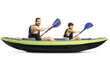 Young man and a boy with safety vests sitting in a kayak with paddles