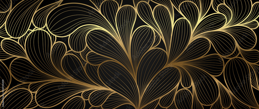 Luxury golden wallpaper.  Abstract gold line arts texture with dark background design for cover, invitation background, packaging design, fabric, and print. Vector illustration. - obrazy, fototapety, plakaty 