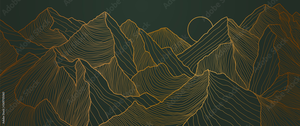 landscape wallpaper design with Golden mountain line arts, luxury background design for cover, invitation background, packaging design, fabric, and print. Vector illustration. - obrazy, fototapety, plakaty 