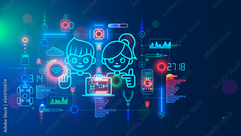Electronics engineering and hardware programming learning for teens. Boy and Girl coding on laptop in online school for child education of creating electronic robots. Happy kids on science lesson. - obrazy, fototapety, plakaty 