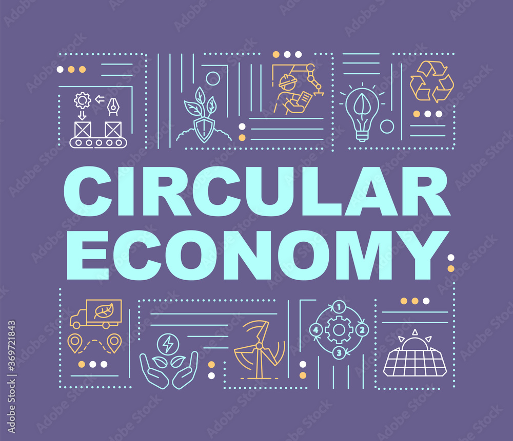 Circular economy model word concepts banner. Alternative energy generation. Infographics with linear icons on purple background. Isolated typography. Vector outline RGB color illustration - obrazy, fototapety, plakaty 