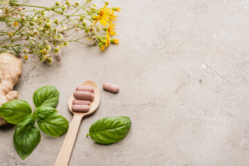 Wall Mural - herb, green leaves, ginger root and pills in wooden spoon on concrete background, naturopathy concept