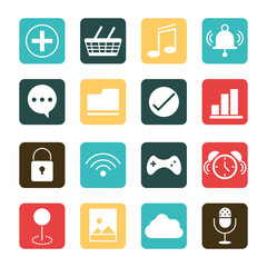 Sticker - mobile application shopping music wifi photo clock audio, web button menu digital flat style icons set