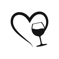 Wine icon, love alcoholic drink symbol, Heart and wine glass.