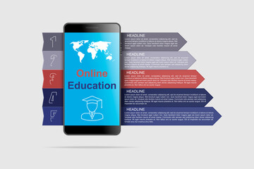 Online education. Mobile phone with infographic elements with five options or steps. Vector illustration.