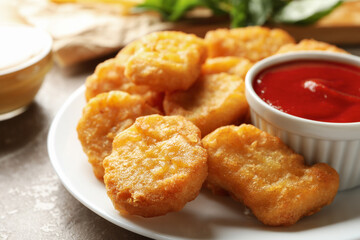 Wall Mural - Composition with chicken nuggets, potato and sauces on gray table