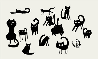 Canvas Print - Set of funny black cats. Cartoon illustration.