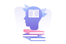 Human Heads Silhouette With Books. Cognitive Psychology Or Psychiatry. Education, Learning, Writing And Storytelling. Literature Or Poetry. Modern Isolated Flat Vector Illustration