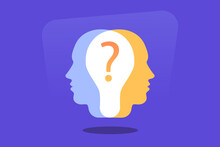 Human Heads Silhouette With Question Mark. Cognitive Psychology Or Psychiatry. Self Questioning. Education Concept. Modern Flat Vector Illustration
