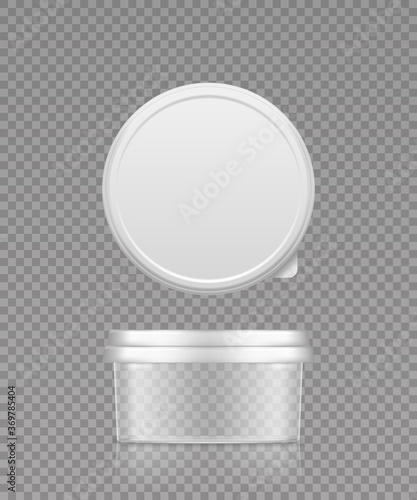Download Empty Transparent Cheese Butter Or Margarine Round Container With Lid Mockup Front And Top View Blank Plastic Food Package Cream Yogurt Dessert Spread Product Template 3d Vector Illustration Stock Vector