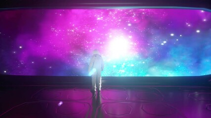 Wall Mural - astronaut in futuristic space corridor, view of the beautiful stars
