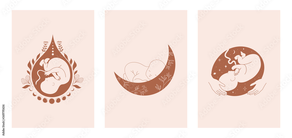 Motherhood, maternity, babies and pregnant women logos, collection of fine, hand drawn style vector illustrations and icons  - obrazy, fototapety, plakaty 