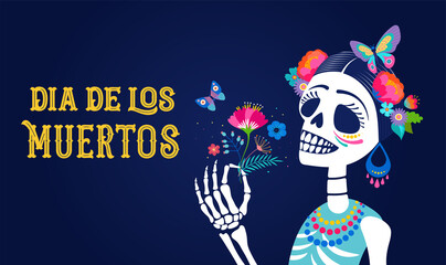 Dia de los muertos, Day of the dead, Mexican holiday, festival. Woman skull with make up of Catarina with flowers crown. Poster, banner and card with sugar skull