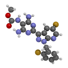 Wall Mural - Vericiguat heart failure drug molecule. 3D rendering. Atoms are represented as spheres with conventional color coding: hydrogen (white), carbon (grey), nitrogen (blue), oxygen (red), fluorine (gold).