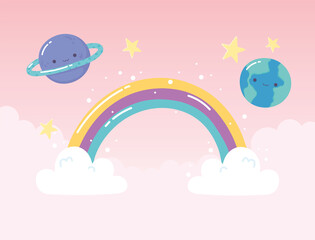 Canvas Print - rainbow earth saturn planets stars with clouds cartoon