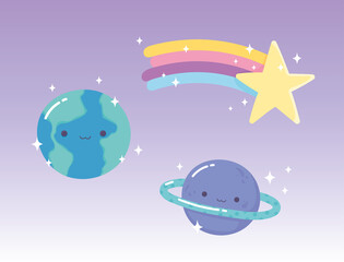 Poster - cartoon planets earth saturn and shooting star with rainbow