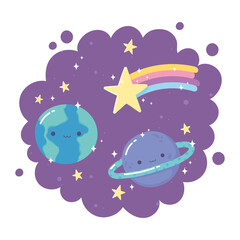 Poster - cartoon planets earth saturn shooting star stars purple background decoration