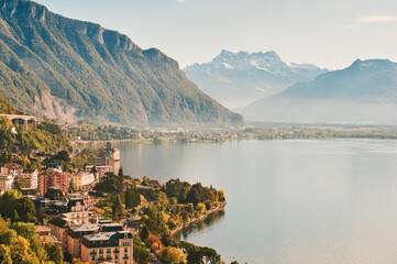 Wall Mural - Summer landscape of Montreux city, Switzerland, canton of Vaud, aerial view