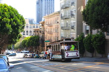 Classic View Of Historic Traditional Cable Cars Tram, Riding On Famous California Street, San Francisco, Usa, America
