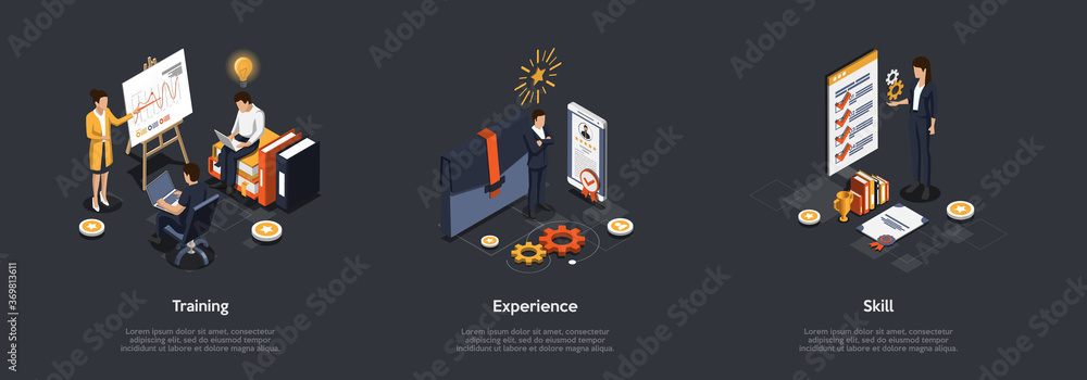 Business Presentation Concept. Leader Make Presentation With Infographic On Screen With Charts. Using Personal Experience And Skills. Characters Make Note In Laptops. Isometric 3d Vector Illustration - obrazy, fototapety, plakaty 