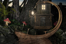 Fantasy Image Of A Boat Floating In A Jungle Stream With A Hut In The Background, 3d Render.