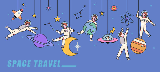 several planets are adorned like mobiles, and astronauts are playing happily in them. flat design st