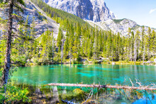 Emerald-Colored Grassi Lakes In The Kananaskis Of Canmore, Alberta, Canada