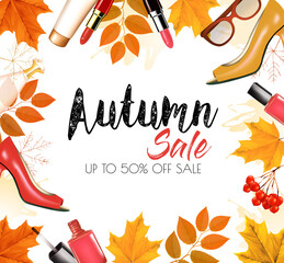 Poster - Enjoy Autumn Sale background with autumn leaves and products. Vector illustration.