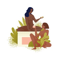 Wall Mural - Two black skin women hold tube with organic care product vector flat illustration. Sexy female with naked body sitting on giant jar with moisturizing cream surrounded by tropical leaves isolated