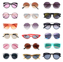 Collage With Different Stylish Sunglasses On White Background