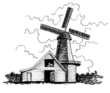 Ink Black And White Drawing Of A Windmill And Farm House