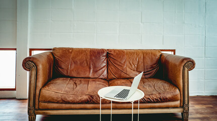 Wall Mural - Layout in a loft style in dark colors open space interior view of various coffee Welcome open coffee shop background.