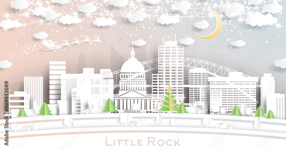 Little Rock Arkansas USA City Skyline in Paper Cut Style with Snowflakes, Moon and Neon Garland. - obrazy, fototapety, plakaty 