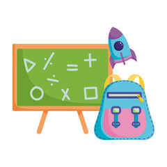 Wall Mural - back to school, chalkboard backpack and rocket elementary education cartoon