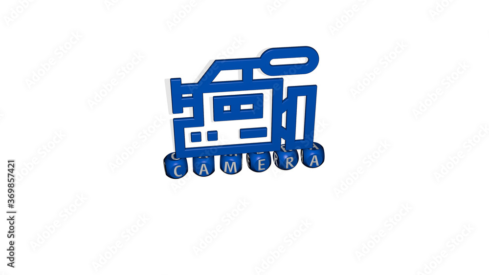 3D illustration of camera graphics and text made by metallic dice ...