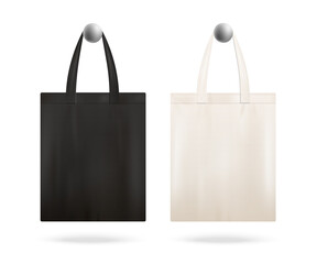 Realistic template and mockup of hanging black and white empty cotton fabric tote bag.